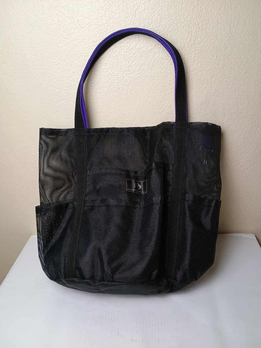 Shower Bags Black Mesh Tote Bag with Purple Handles